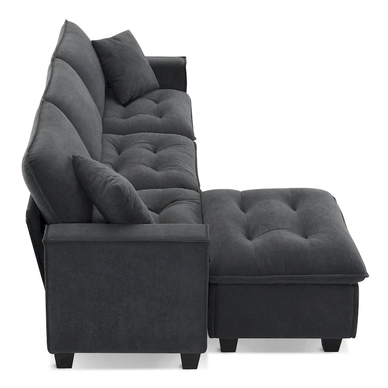 Divano angolare trasformabile a 4 posti grigio 100 con pouf rimovibile e cuscini abbinati, perfetto per il soggiorno