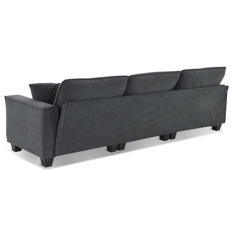 Divano angolare trasformabile a 4 posti grigio 100 con pouf rimovibile e cuscini abbinati, perfetto per il soggiorno
