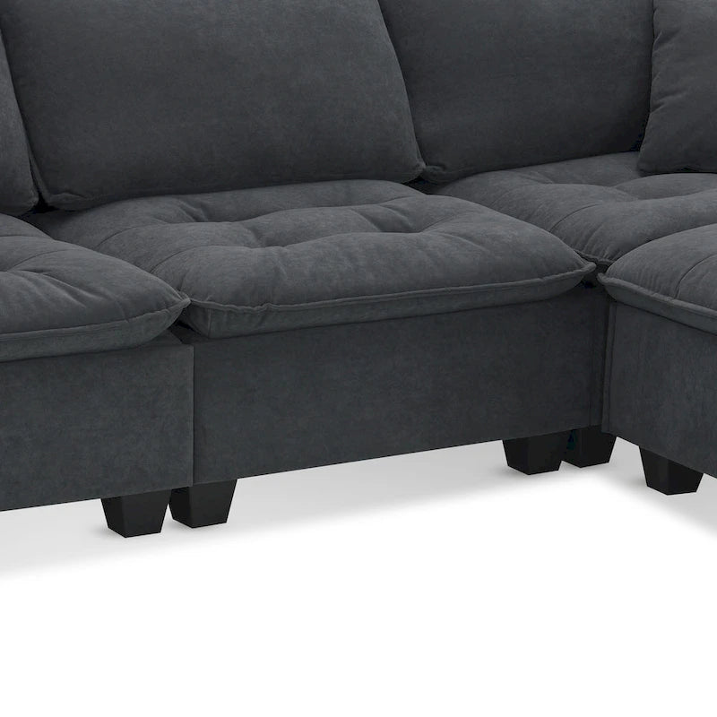Divano angolare trasformabile a 4 posti grigio 100 con pouf rimovibile e cuscini abbinati, perfetto per il soggiorno