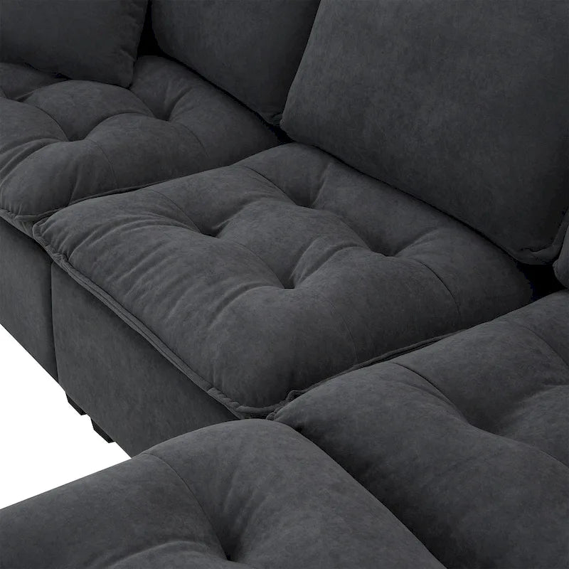 Divano angolare trasformabile a 4 posti grigio 100 con pouf rimovibile e cuscini abbinati, perfetto per il soggiorno
