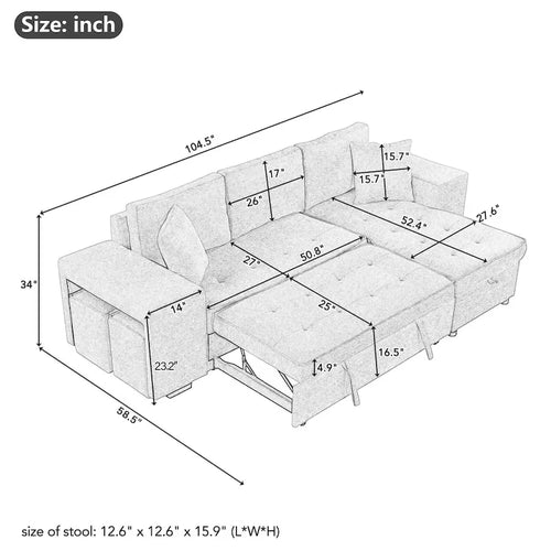 Divano trasformabile a 3 posti a L da 265 cm Charcoal con letto estraibile, chaise longue contenitore e 2 sgabelli per soggiorno