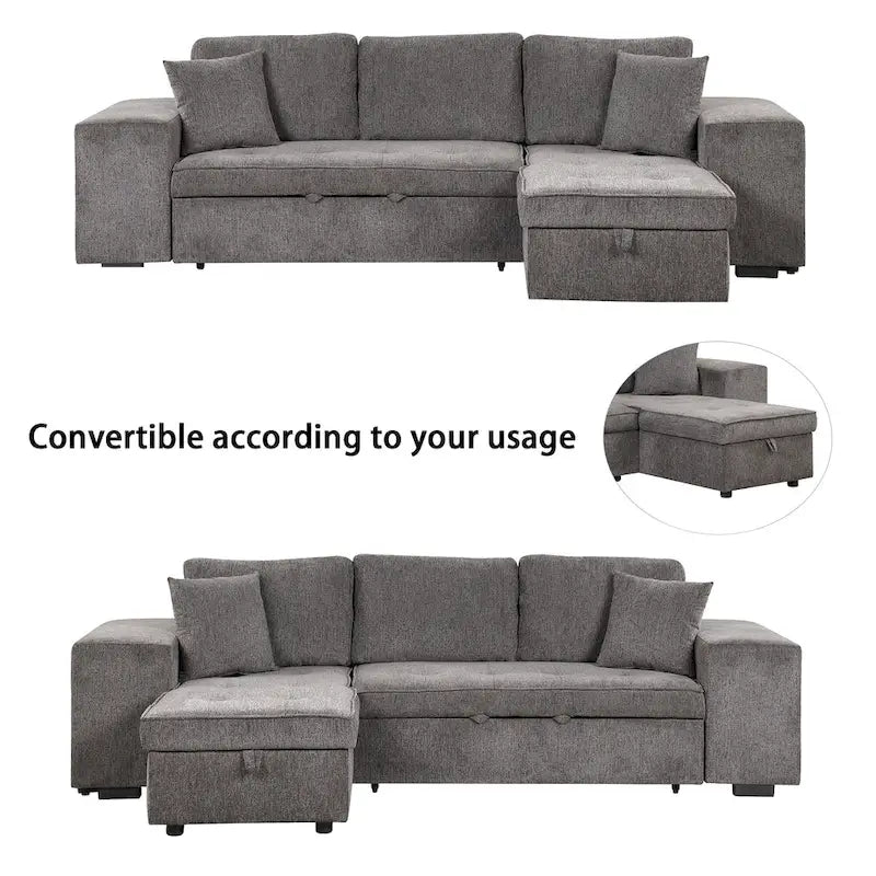 Canapé convertible 3 places en L de 104,5 po gris anthracite avec lit gigogne, méridienne de rangement et 2 poufs pour salon