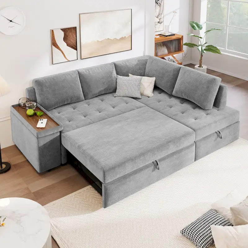 91.5 L-Shaped 4 Seater Sectional Sofa Couch with Pull-Out Bed, Hidden Storage and Functional Armrests, for Living Room