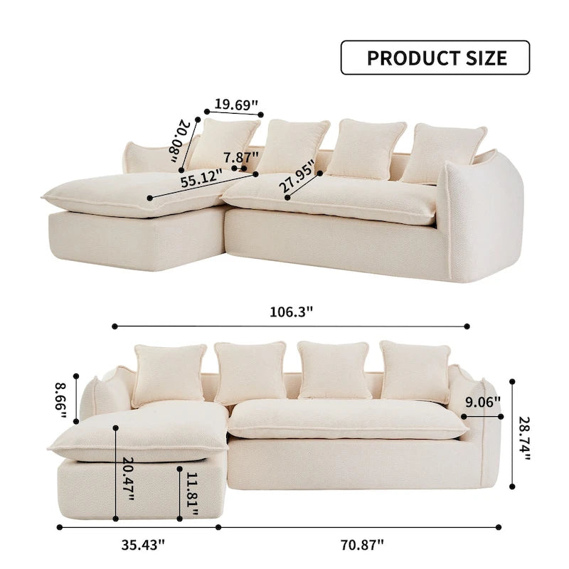Divano a L oversize a 3 posti con chaise longue e 4 cuscini da 270 cm