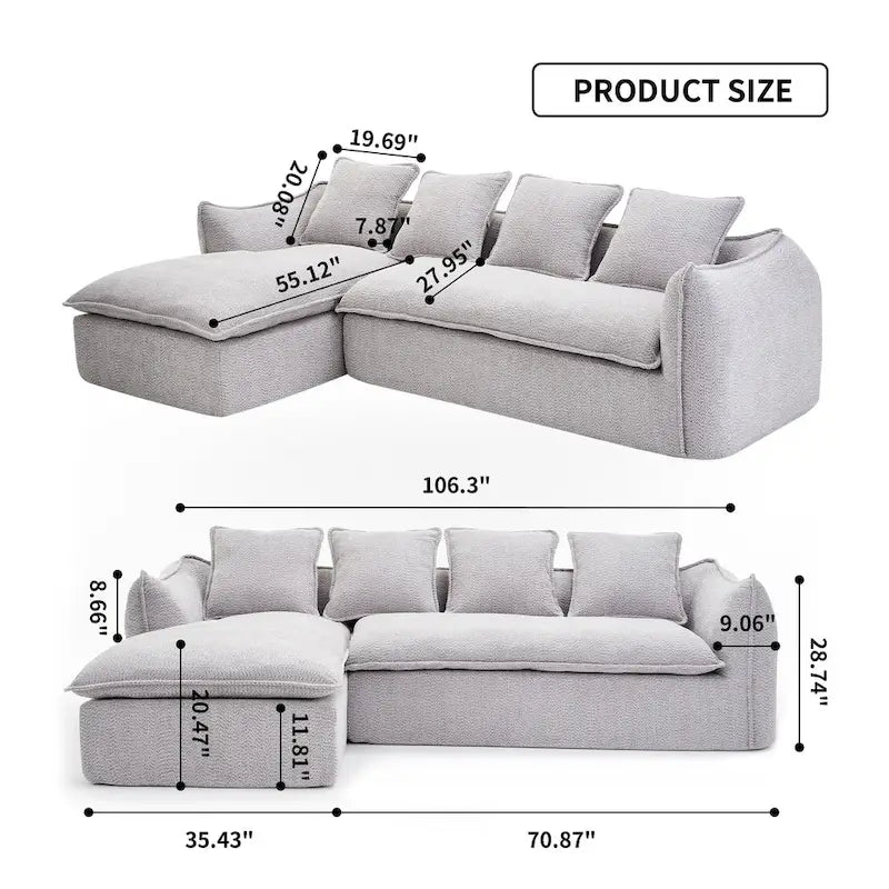 Divano a L oversize a 3 posti con chaise longue e 4 cuscini da 270 cm