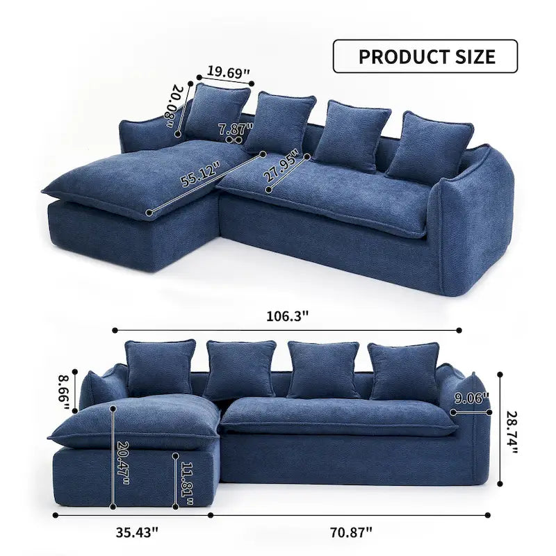 Divano a L oversize a 3 posti con chaise longue e 4 cuscini da 270 cm