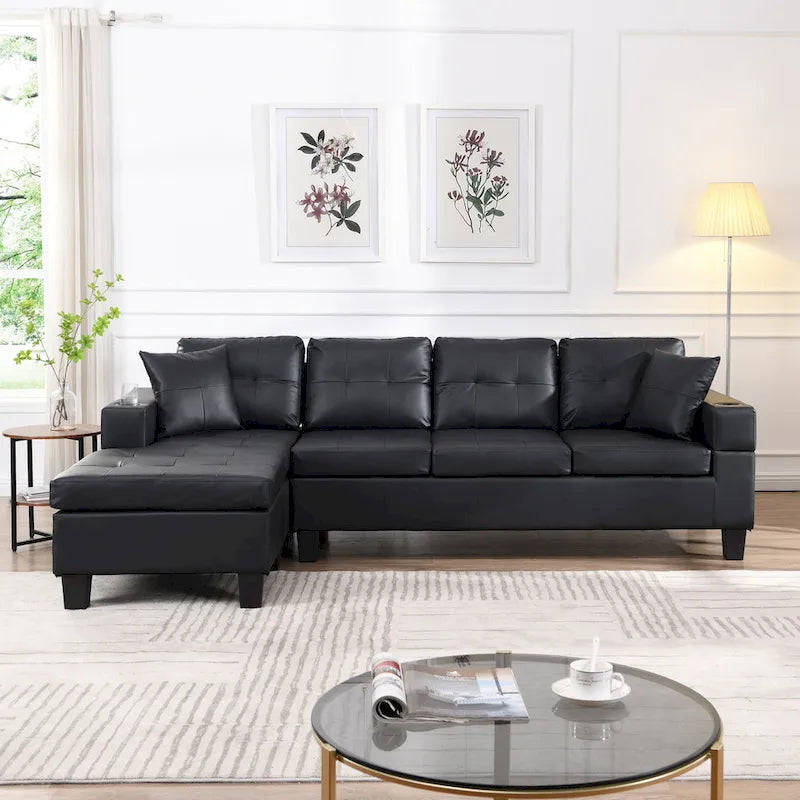 Divano componibile a L contemporaneo nero 96.06 posti con chaise longue, portabicchieri e cuscini decorativi inclusi