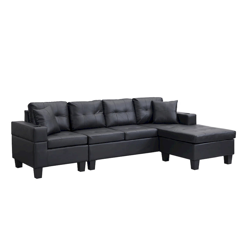 Divano componibile a L contemporaneo nero 96.06 posti con chaise longue, portabicchieri e cuscini decorativi inclusi
