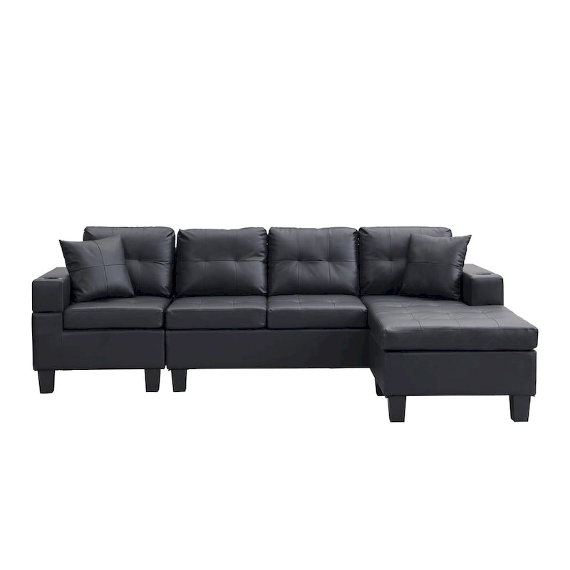 Divano componibile a L contemporaneo nero 96.06 posti con chaise longue, portabicchieri e cuscini decorativi inclusi