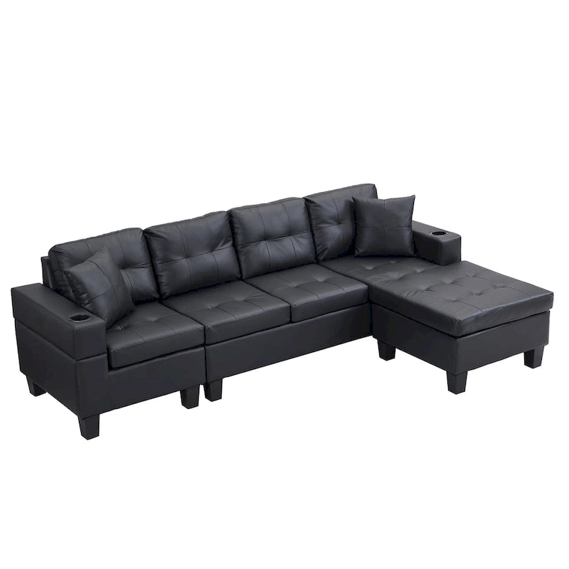 Divano componibile a L contemporaneo nero 96.06 posti con chaise longue, portabicchieri e cuscini decorativi inclusi