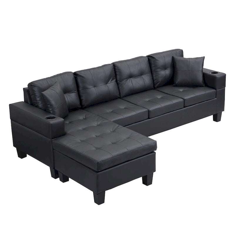 Divano componibile a L contemporaneo nero 96.06 posti con chaise longue, portabicchieri e cuscini decorativi inclusi