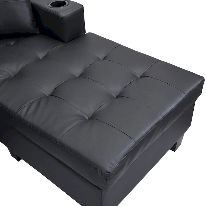 Divano componibile a L contemporaneo nero 96.06 posti con chaise longue, portabicchieri e cuscini decorativi inclusi