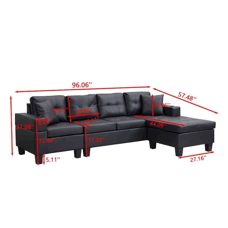 Divano componibile a L contemporaneo nero 96.06 posti con chaise longue, portabicchieri e cuscini decorativi inclusi