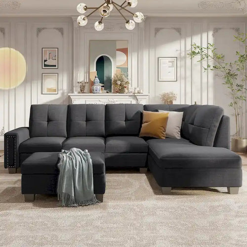 105.2 Reversible L-Shaped 6-Seater Sectional Sofa with Storage Ottoman and Cup Holders, Space-Saving Linen Design