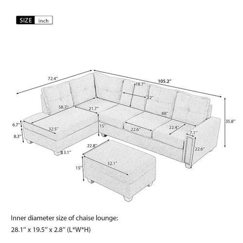 105.2 Divano Sezionale a L Reversibile a 6 Posti con Pouf Contenitore e Portabicchieri, Design Salvaspazio in Lino