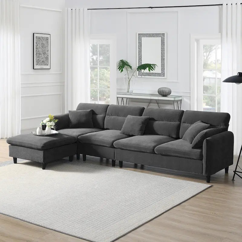 110 Canapé d'angle modulable 5 places en forme de L moderne avec pouf amovible et 5 coussins, tissu chenille doux