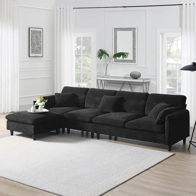 110 Canapé d'angle modulable 5 places en forme de L moderne avec pouf amovible et 5 coussins, tissu chenille doux