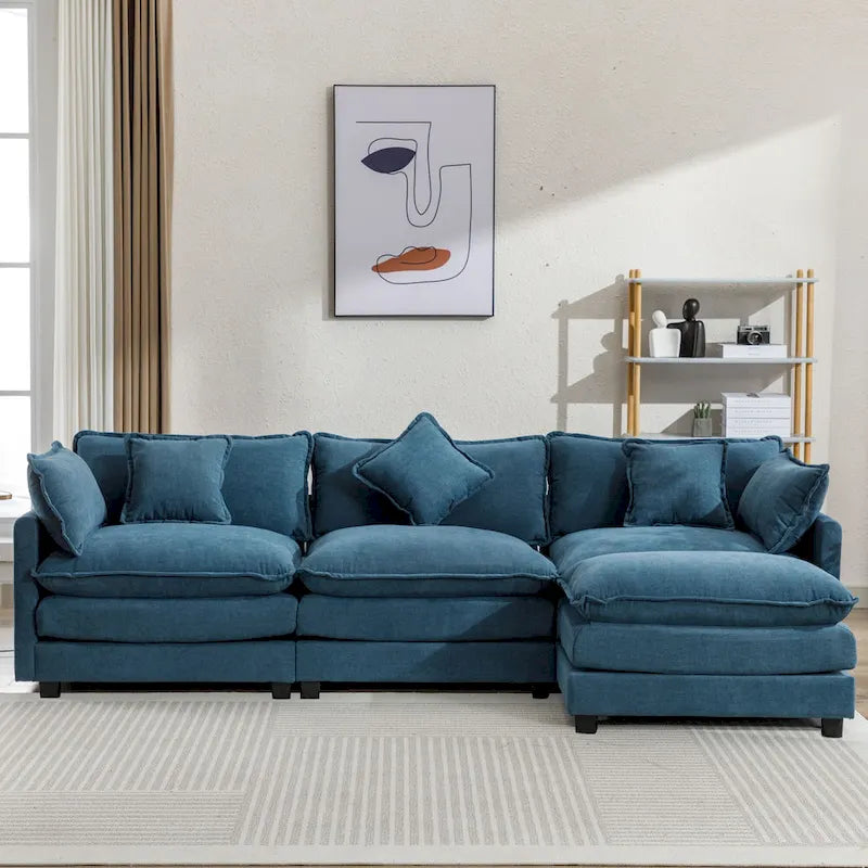 Blue 112.2 Modern L-Shaped 4-Seat Sectional Sofa with Removable Ottoman, 5 Plush Pillows, and Sturdy Construction