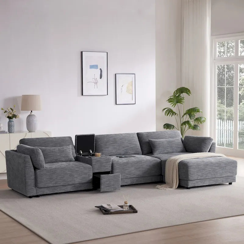 Divano angolare a 4 posti 124 Chenille con consolle portaoggetti, USB