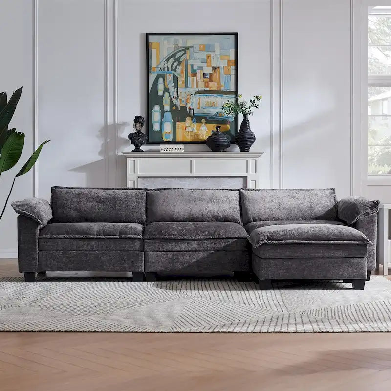 Divano modulare a L in ciniglia da 120", con pouf, convertibile in letto