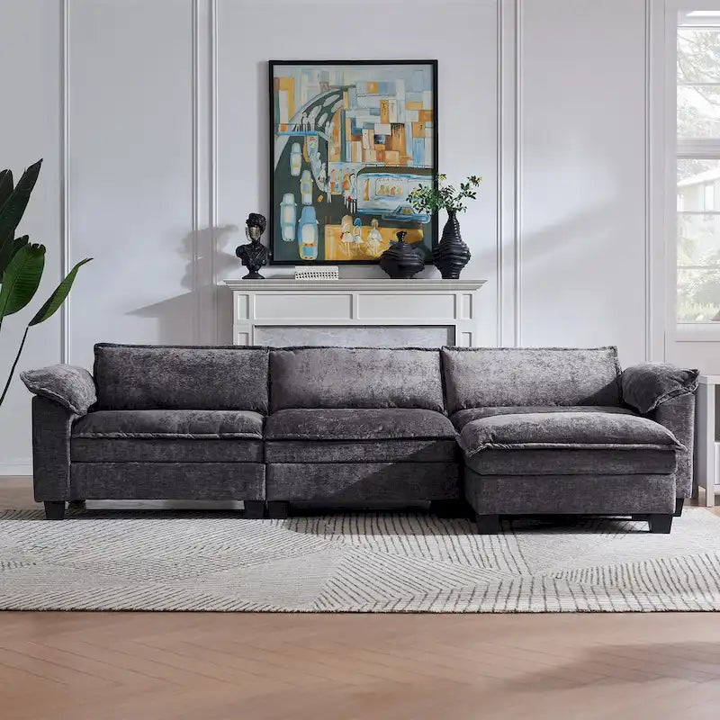 120 Chenille L-Shaped Modular Sofa with Ottoman, Sleeper Design