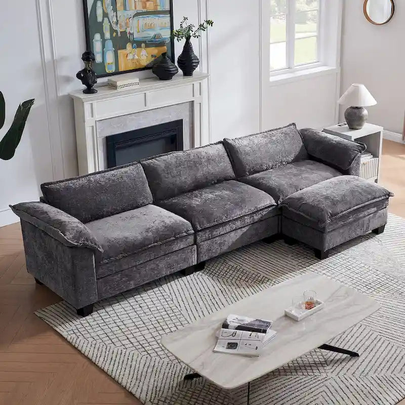 Divano modulare a L in ciniglia da 120", con pouf, convertibile in letto