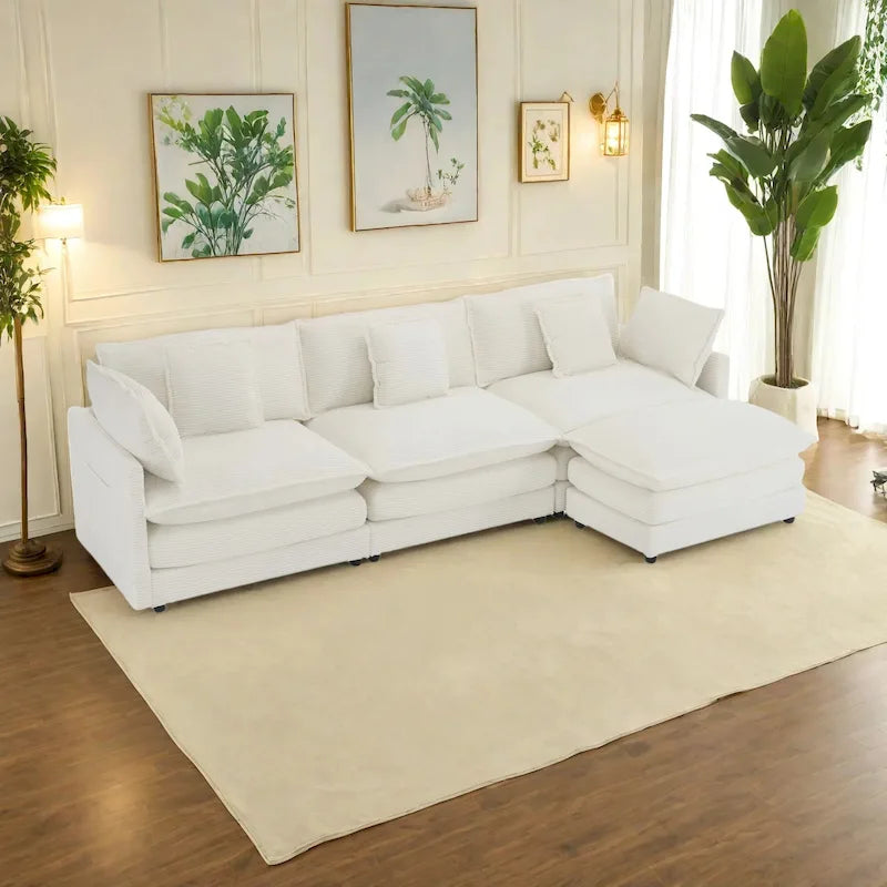 Canapé d'angle modulaire en velours côtelé de 286 cm avec poches de rangement latérales