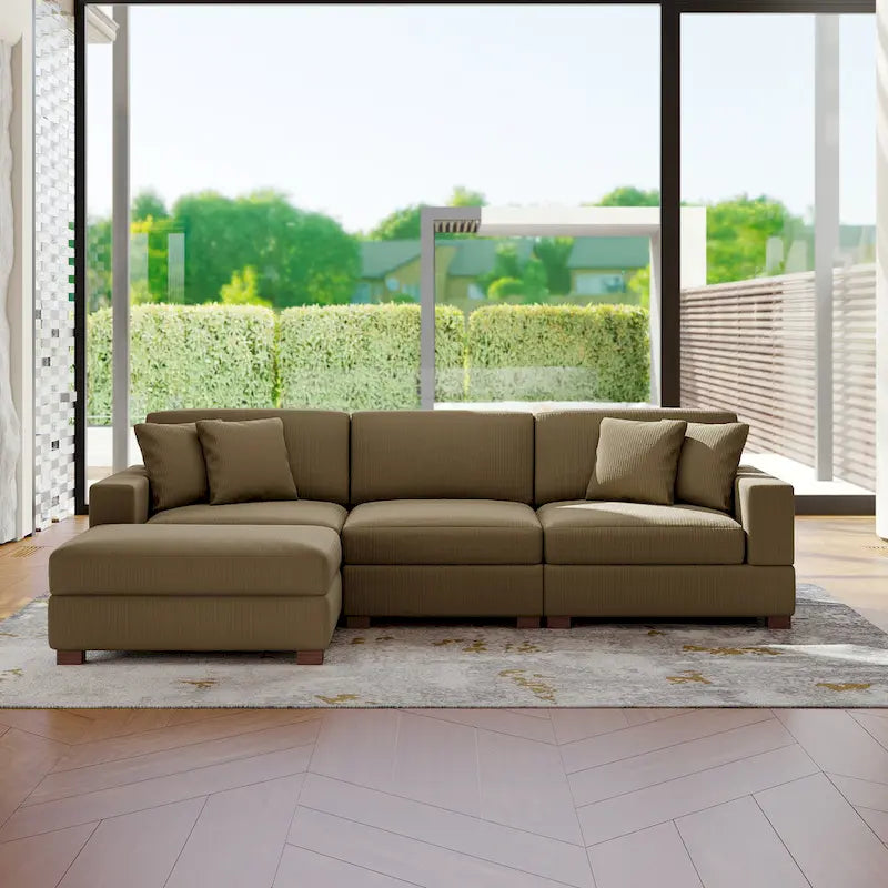 Divano Componibile in Velluto a Coste con Chaise Longue e Pouf