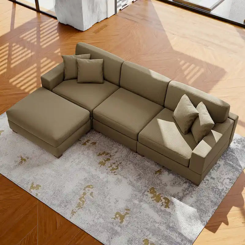 Divano Componibile in Velluto a Coste con Chaise Longue e Pouf