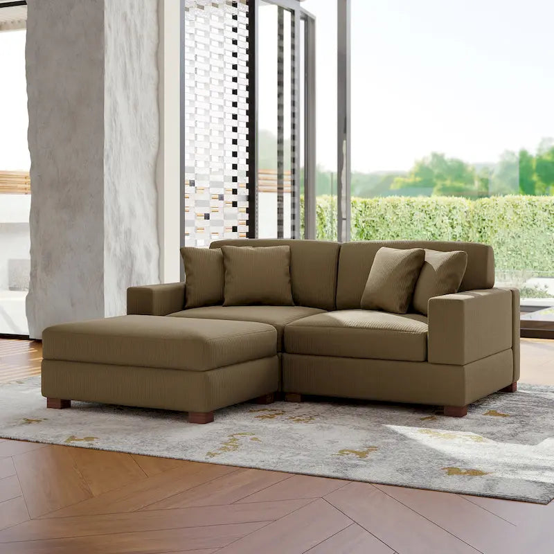 Divano Componibile in Velluto a Coste con Chaise Longue e Pouf