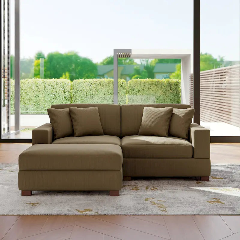 Divano Componibile in Velluto a Coste con Chaise Longue e Pouf