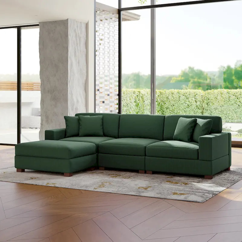 Divano Componibile in Velluto a Coste con Chaise Longue e Pouf