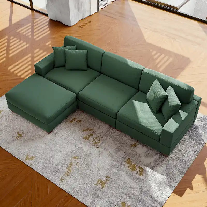Divano Componibile in Velluto a Coste con Chaise Longue e Pouf