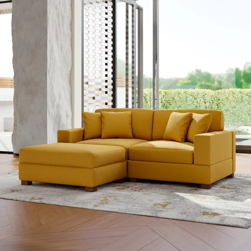Divano Componibile in Velluto a Coste con Chaise Longue e Pouf