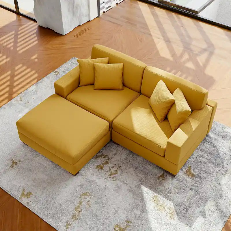 Divano Componibile in Velluto a Coste con Chaise Longue e Pouf