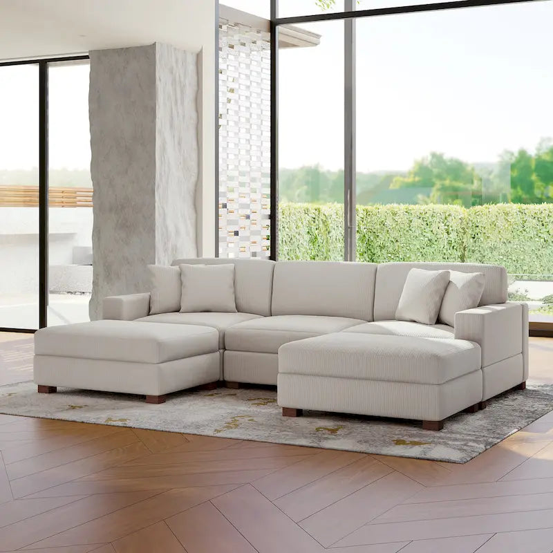 Divano Componibile in Velluto a Coste con Chaise Longue e Pouf