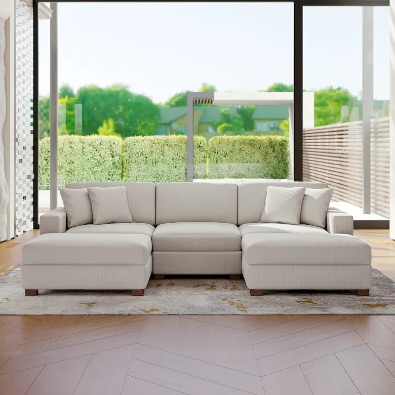 Divano Componibile in Velluto a Coste con Chaise Longue e Pouf