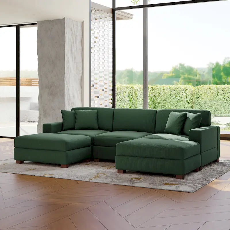 Divano Componibile in Velluto a Coste con Chaise Longue e Pouf