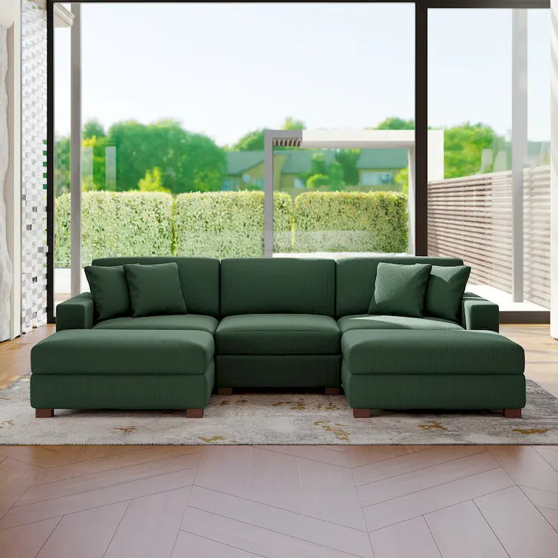 Divano Componibile in Velluto a Coste con Chaise Longue e Pouf