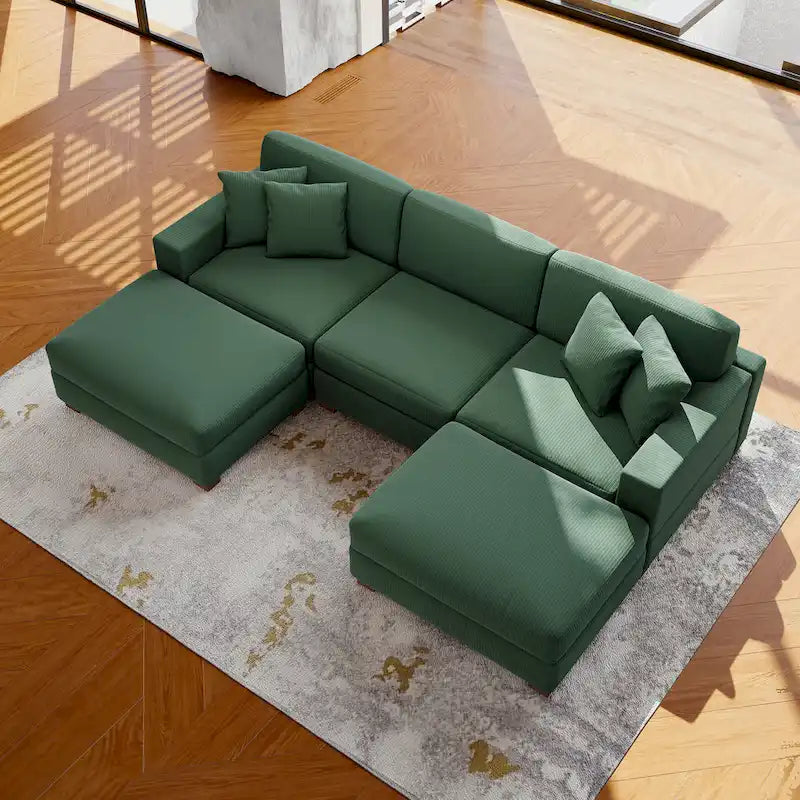 Divano Componibile in Velluto a Coste con Chaise Longue e Pouf
