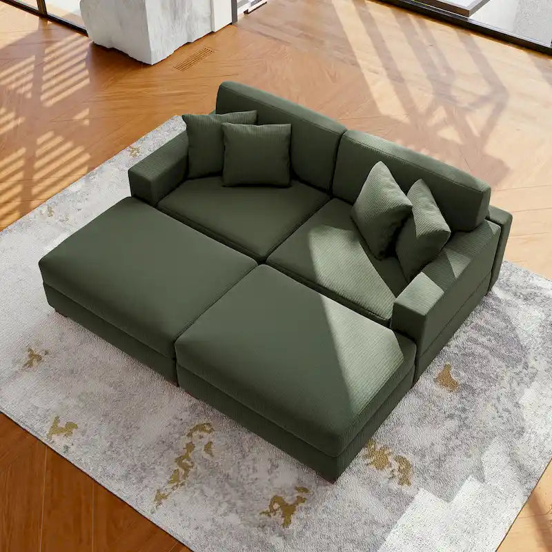 Divano Componibile in Velluto a Coste con Chaise Longue e Pouf