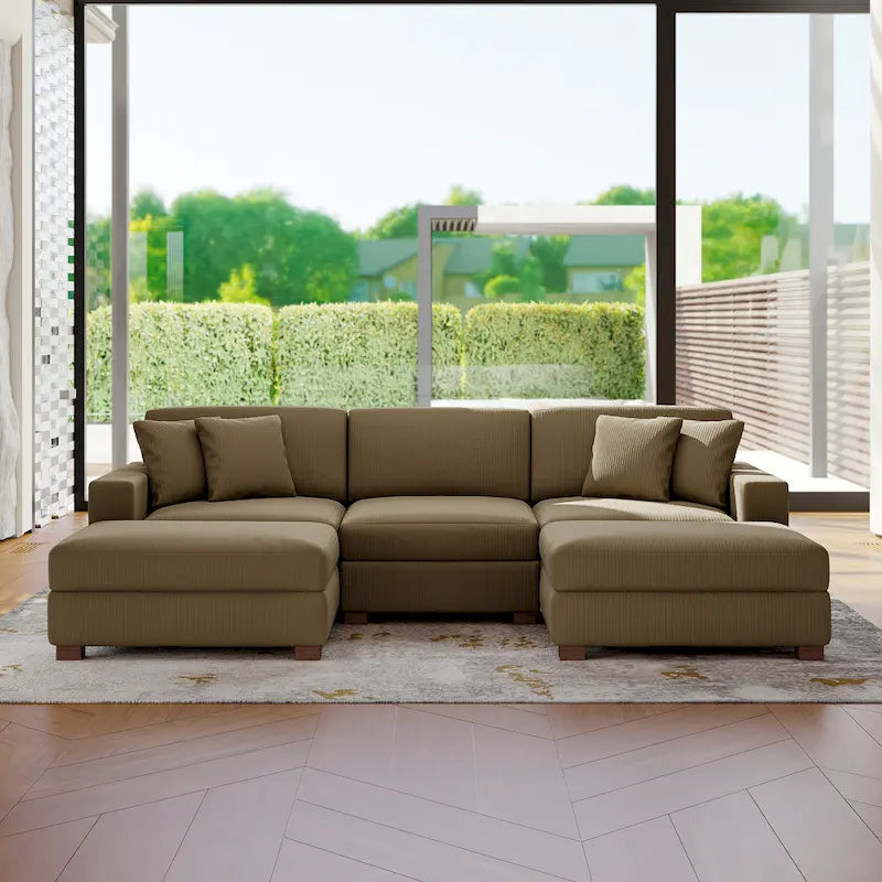 Divano Componibile in Velluto a Coste con Chaise Longue e Pouf
