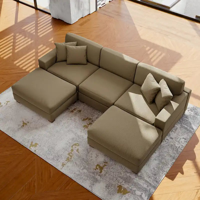 Divano Componibile in Velluto a Coste con Chaise Longue e Pouf