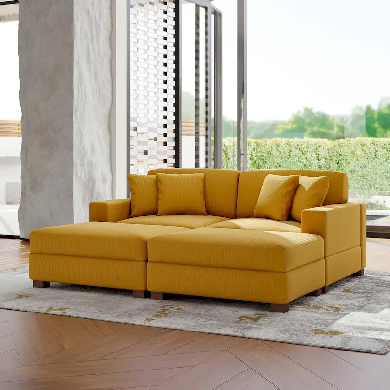 Divano Componibile in Velluto a Coste con Chaise Longue e Pouf