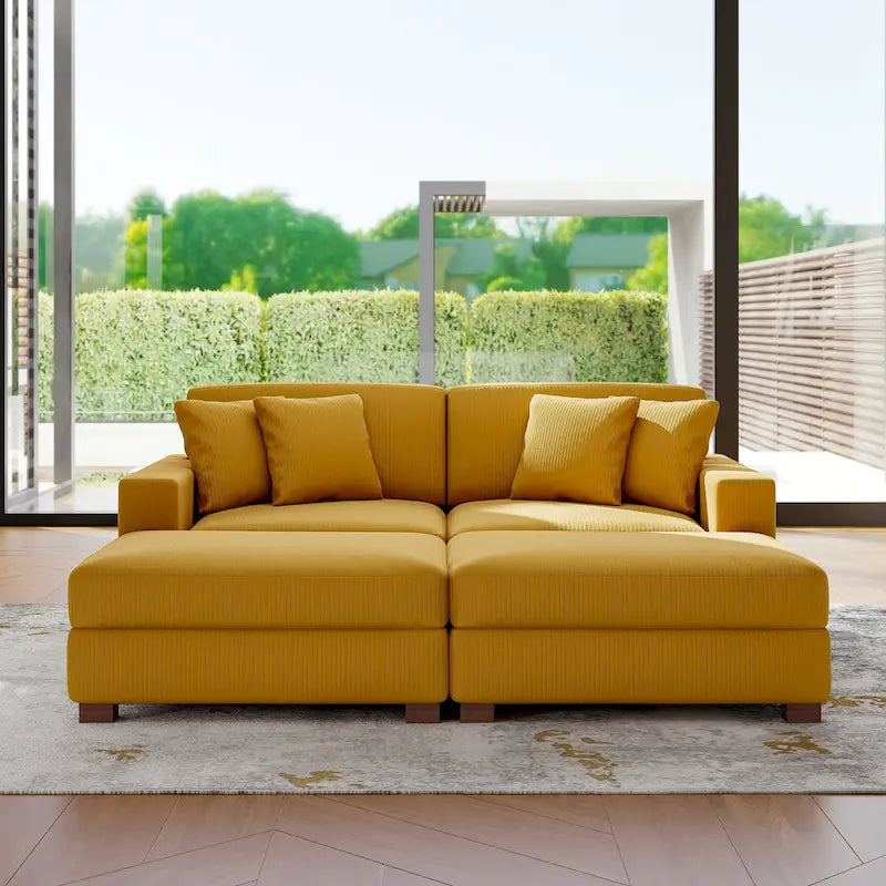 Divano Componibile in Velluto a Coste con Chaise Longue e Pouf