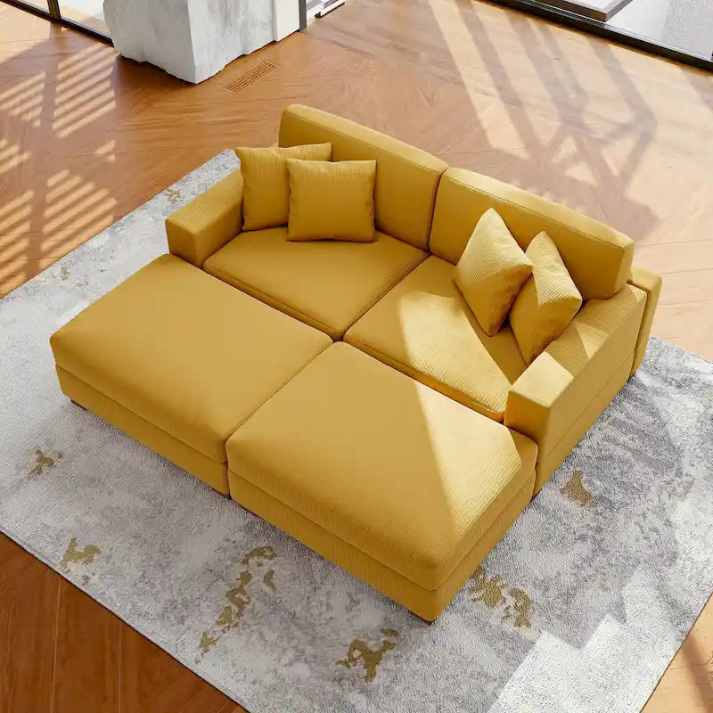 Divano Componibile in Velluto a Coste con Chaise Longue e Pouf
