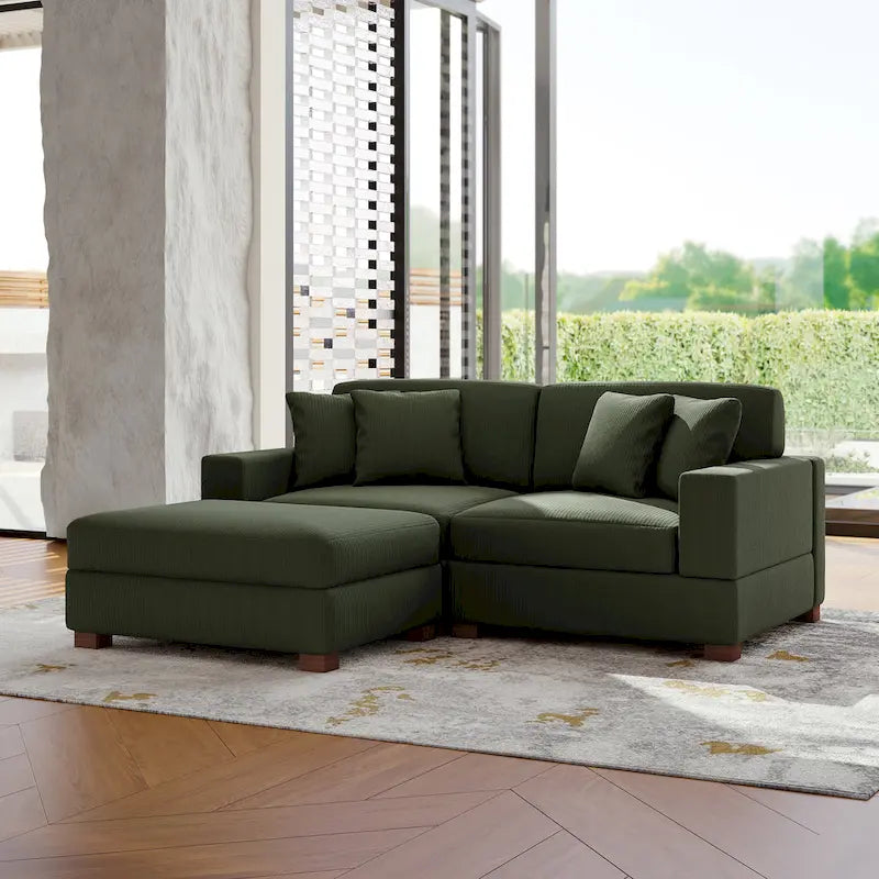 Divano Componibile in Velluto a Coste con Chaise Longue e Pouf