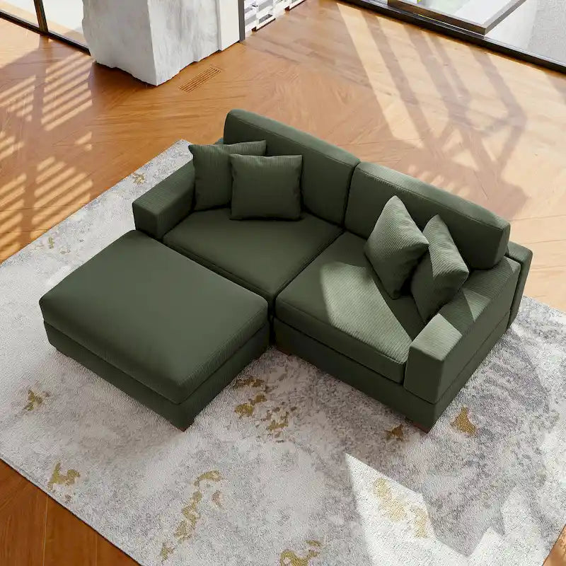 Divano Componibile in Velluto a Coste con Chaise Longue e Pouf