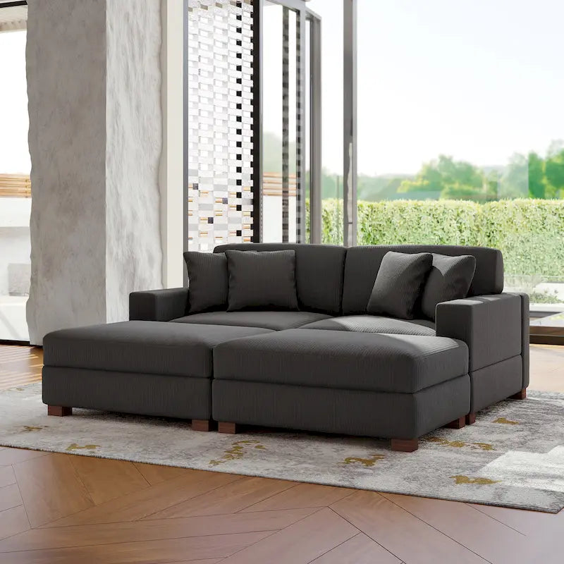 Divano Componibile in Velluto a Coste con Chaise Longue e Pouf