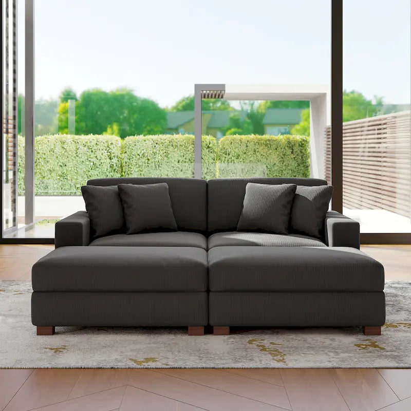 Divano Componibile in Velluto a Coste con Chaise Longue e Pouf